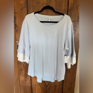 Elle Women's Soft Blue Blouse with White Eyelet Sleeves
